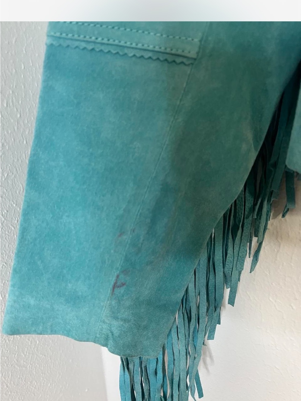 bagatelle Teal Suede Fringe Moto Jacket with Stud Details - Picture 5 of 6